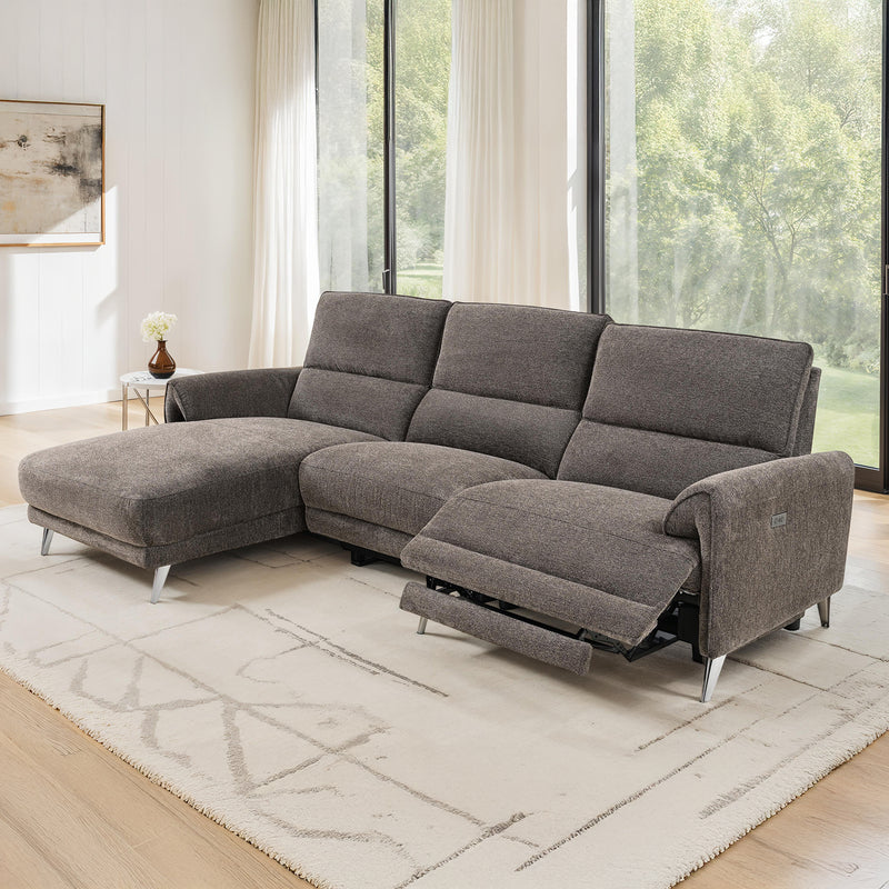 Brande Contemporary Power Reclining Sectional with Chaise & USB Ports - Chenille in Brown, Gray or Light Gray