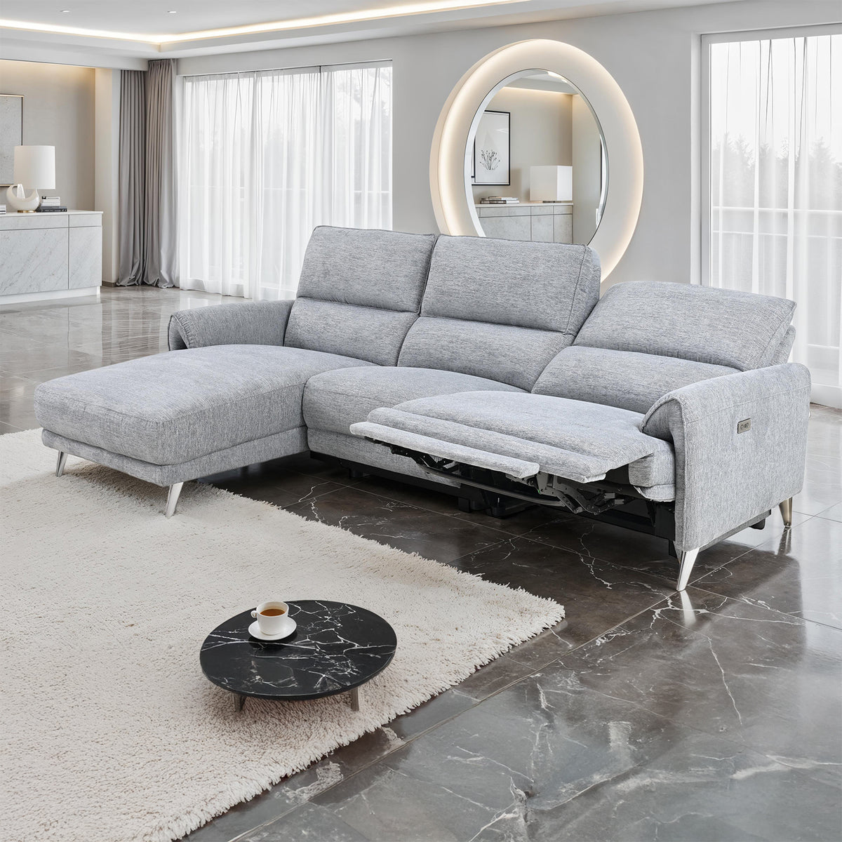 Brande Contemporary Power Reclining Sectional with Chaise & USB Ports - Left Chaise