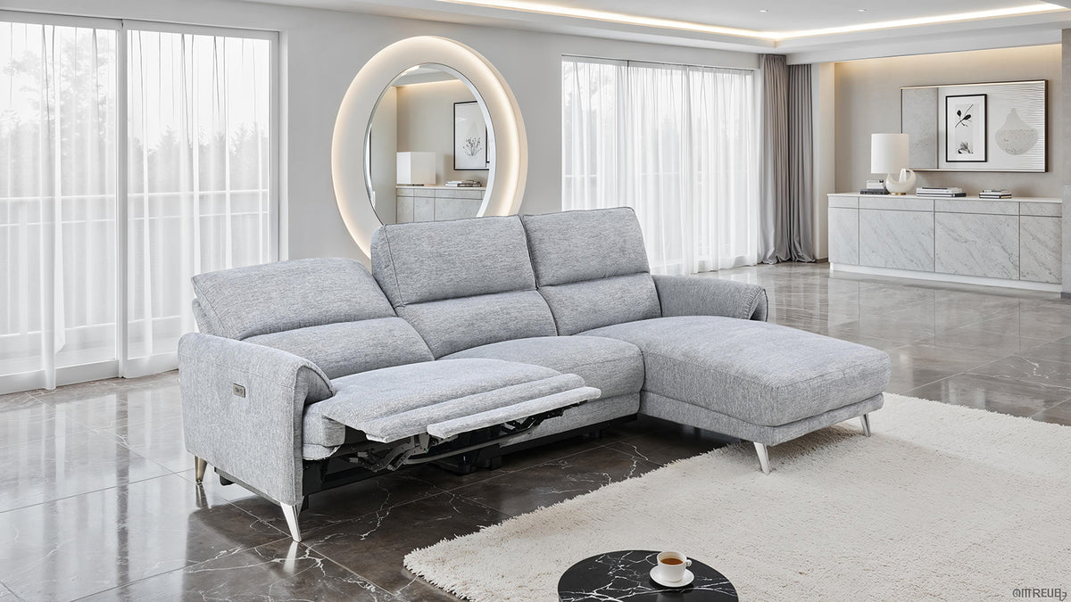 Brande Contemporary Power Reclining Sectional with Chaise & USB Ports - Chenille in Brown, Gray or Light Gray – Brown & Gray, view 14
