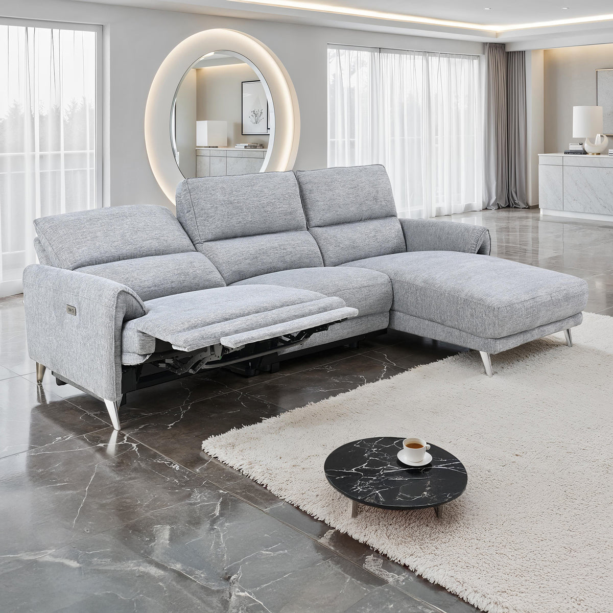 Brande Contemporary Power Reclining Sectional with Chaise & USB Ports - Right Chaise