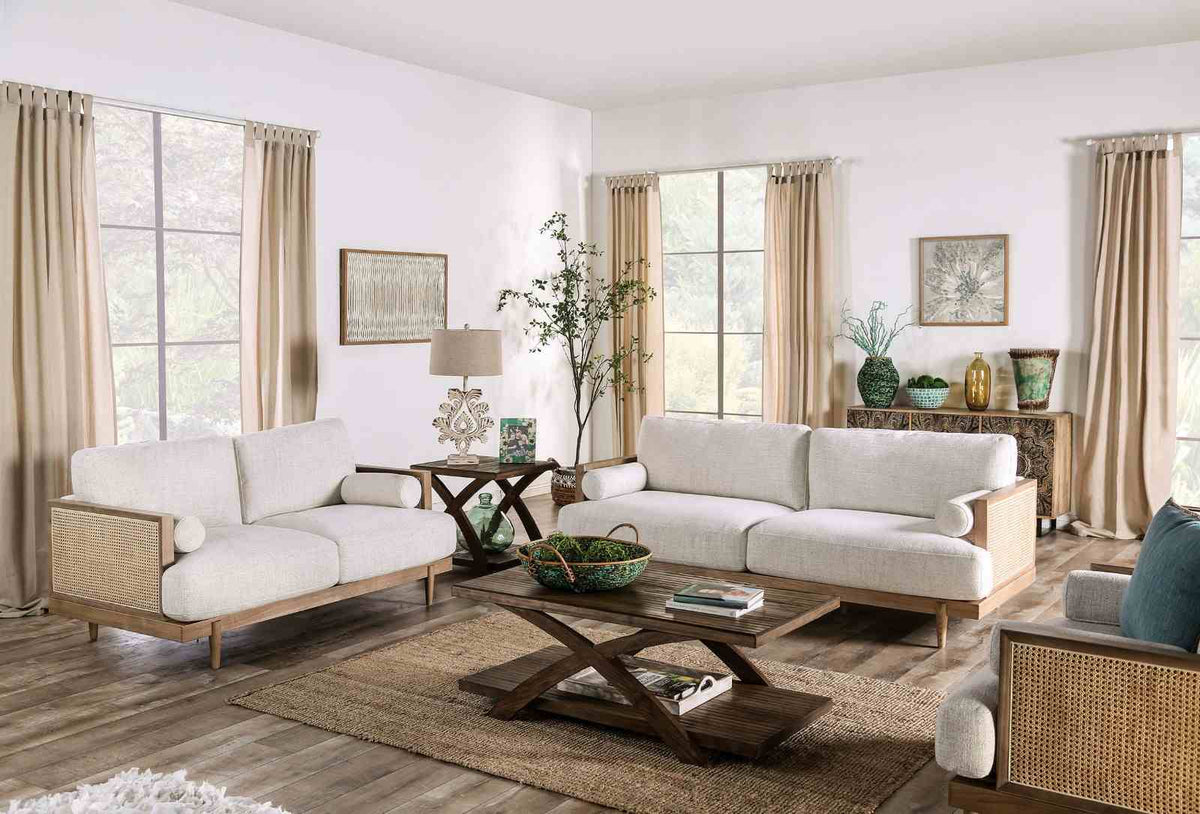 Alesund Mid-Century Modern Sofa, Loveseat & Accent Chair - Ash Wood Trim with Rattan Details in Beige – Beige & Natural, view 2