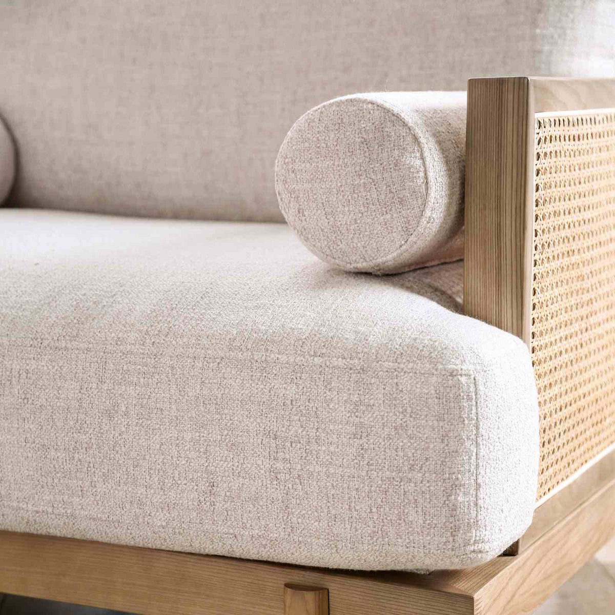 Alesund Mid-Century Modern Sofa, Loveseat & Accent Chair - Ash Wood Trim with Rattan Details in Beige – Beige & Natural, view 12