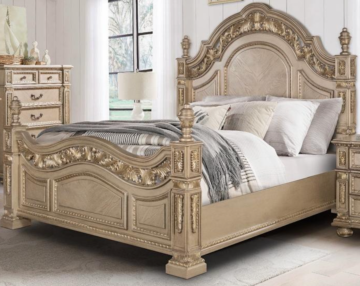 Traditional Carolina Gold Ornate King Bedroom Set with Intricate Carvings