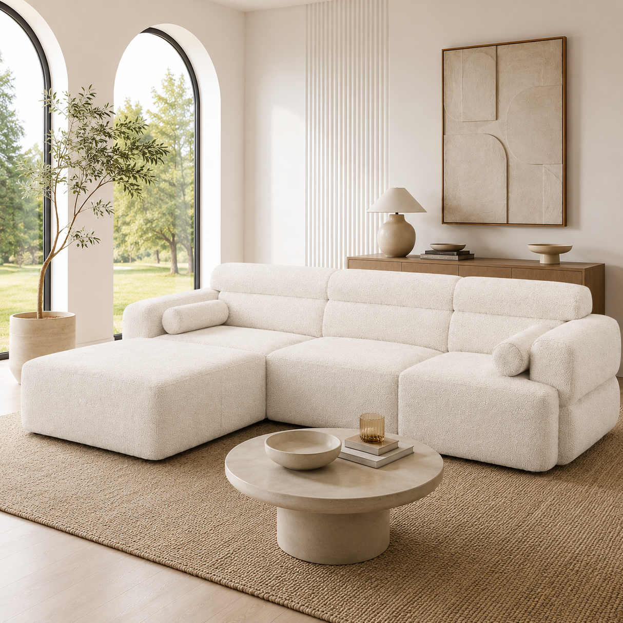 Glam Modern Sectional Sofa with Storage Chaise & Ottoman – Contemporary Cream or Gray Couch