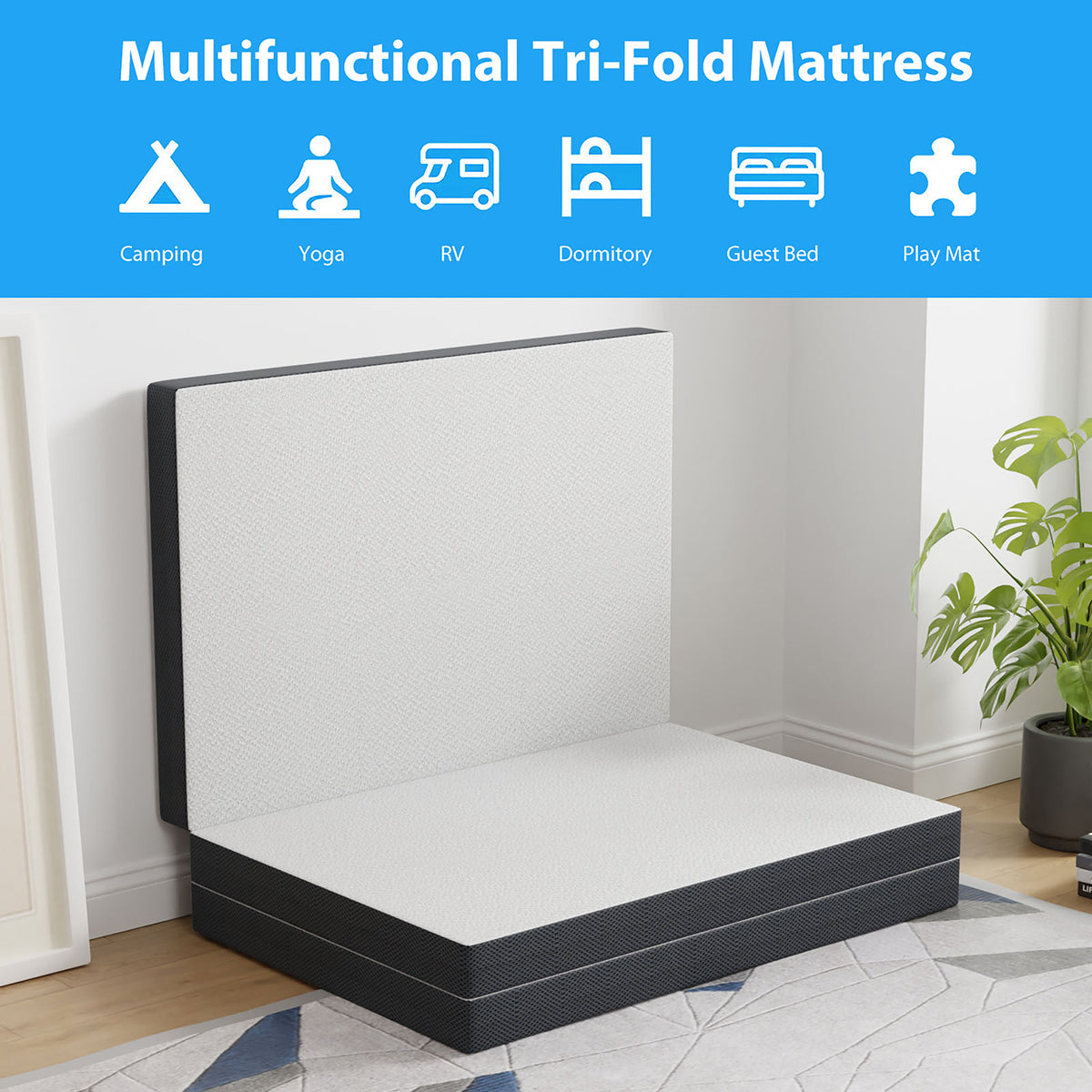 Hollyhock Tri-Fold Memory Foam Mattress Topper - 3" or 4" Plush, CertiPUR-US Certified, Twin to Queen – White & Gray, view 13