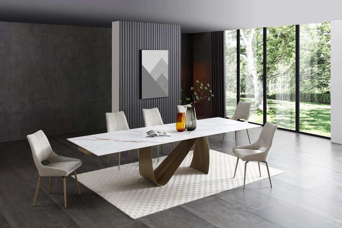 9087 Extendable Ceramic Top Dining Table & Swivel Chair Sets