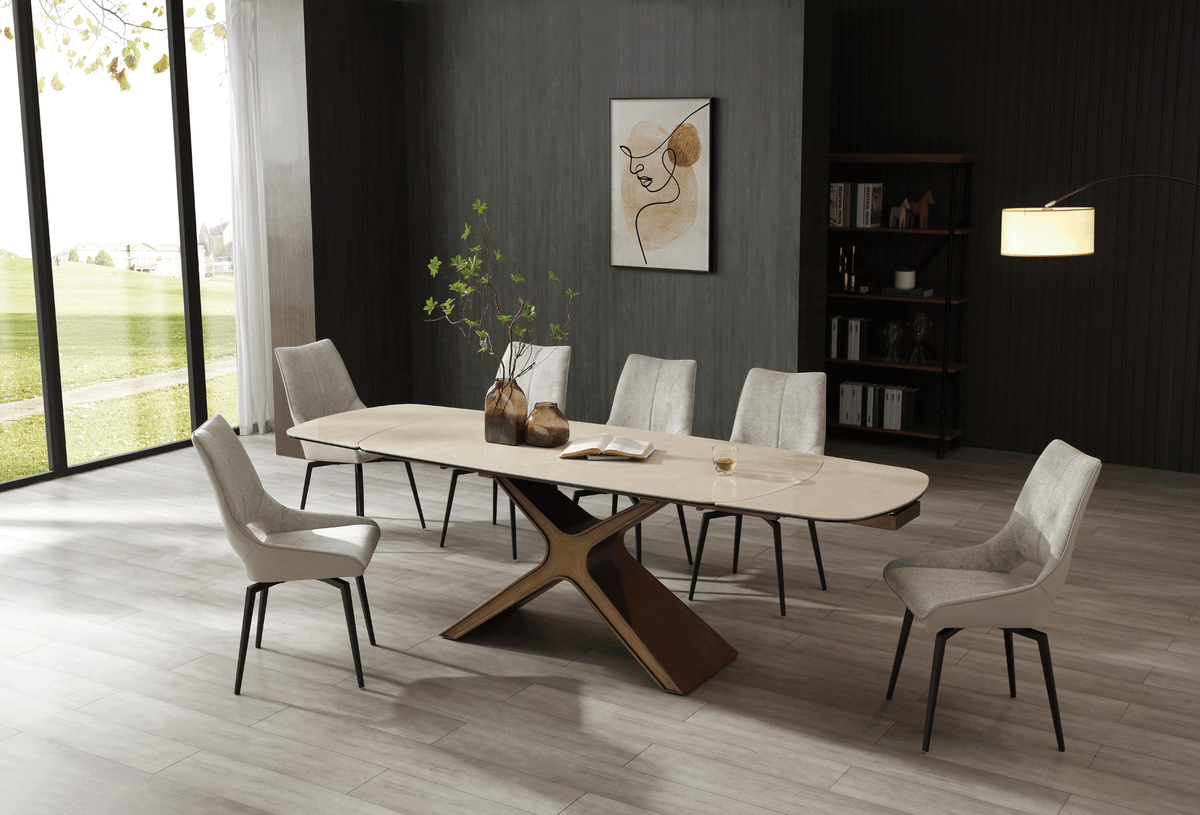 9368 Extendable Ceramic & Glass Top Dining Table & Chair Sets