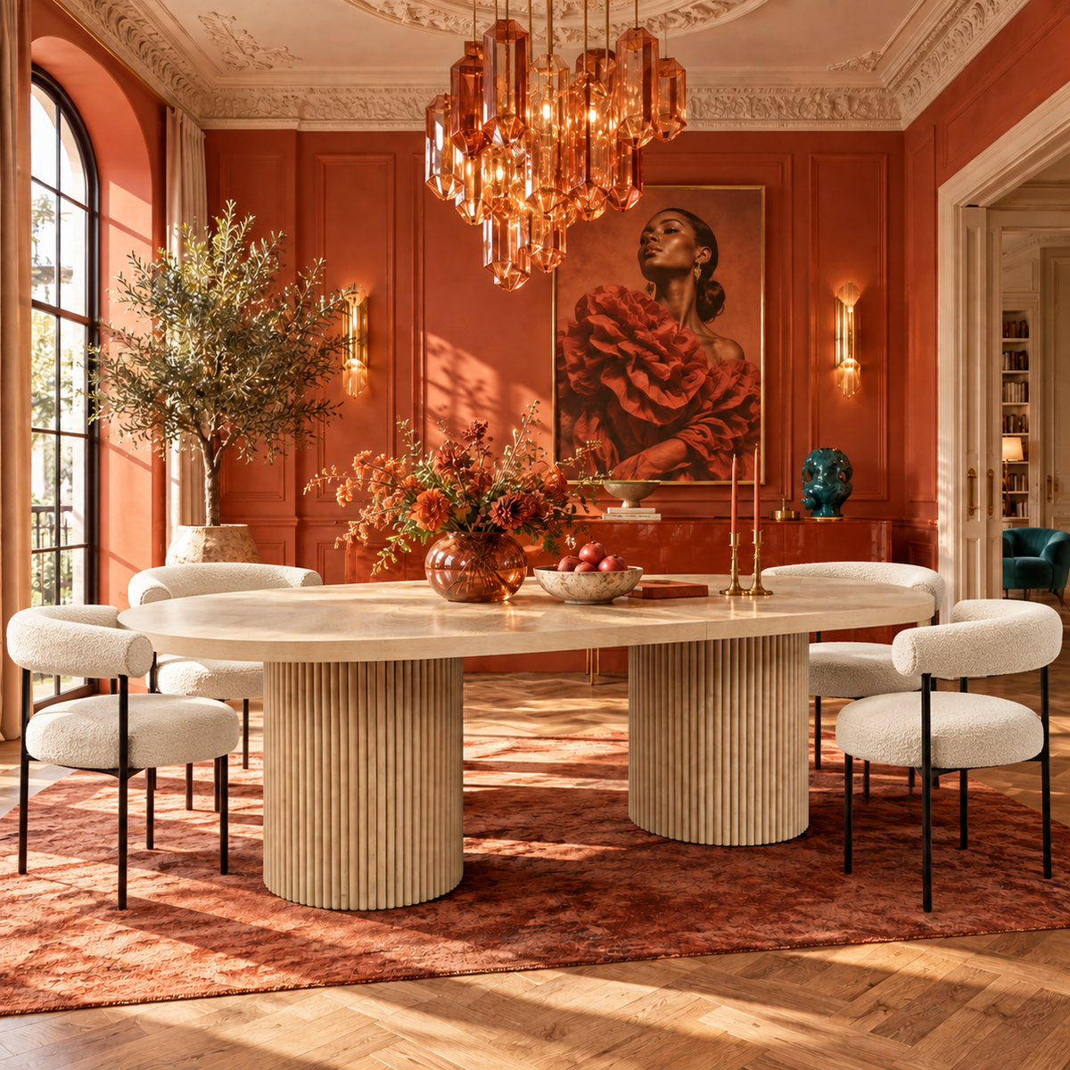 Extendable Oval Dining Table & Boucle Chairs, 5-Piece Dining Set Mid-Century Modern Double Pedestal