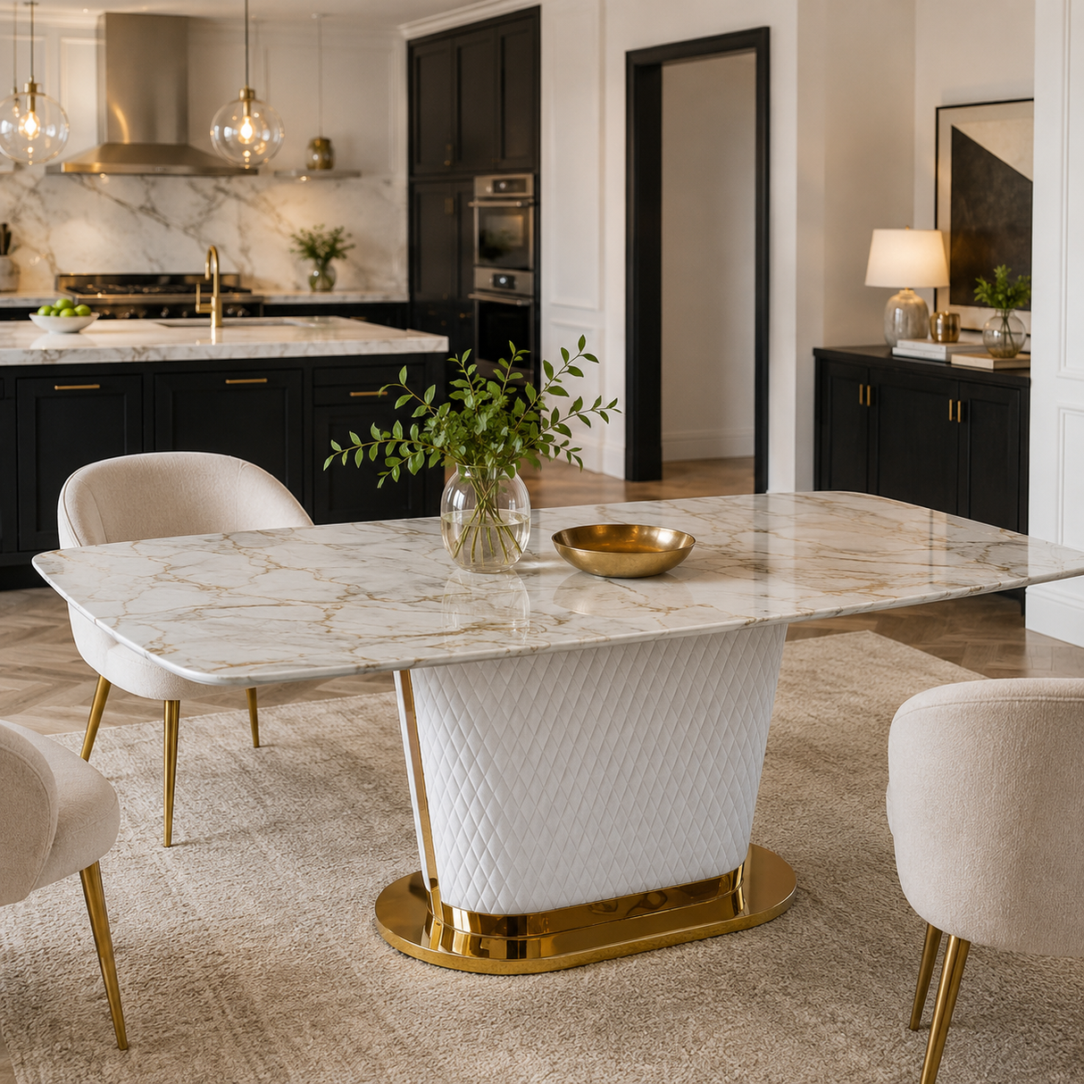 Sofia White Marble-Effect Rectangular Dining Table with Gold Quilted Base - Modern Glamour & Dining Seating
