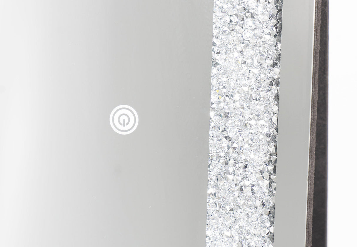 Detailed close-up of the Aria mirror's crystal perimeter and bright integrated LED lighting strip