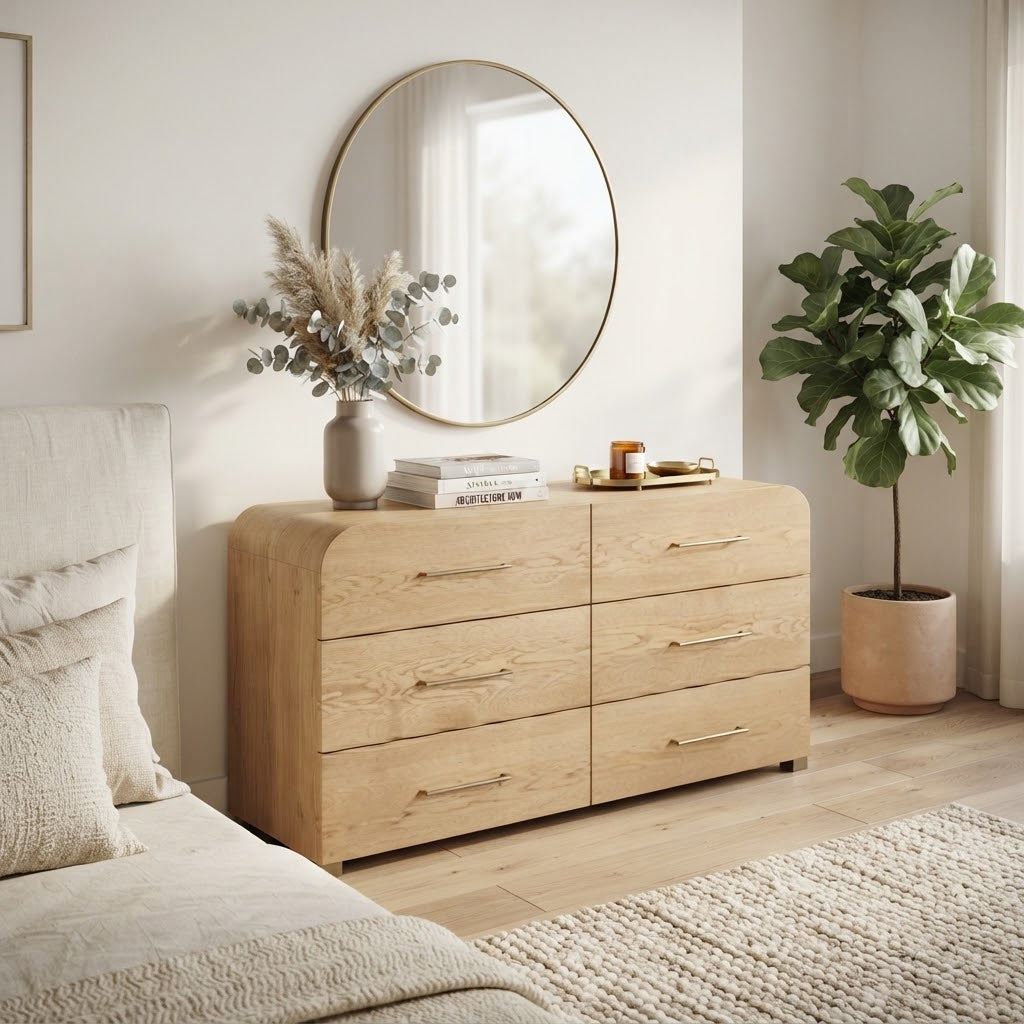 Marissa 62" Ash Wood 6-Drawer Bedroom Dresser - Sculptural Modern & Clothes Storage
