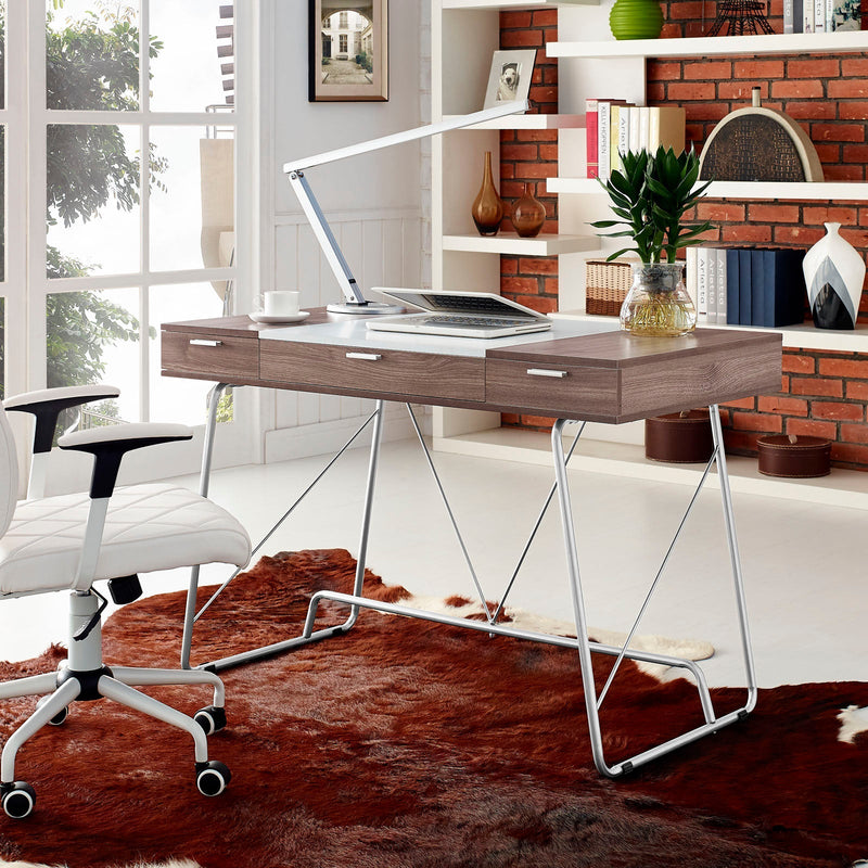 Panel Office Desk with Three Pull-Out Drawers & Metal Tube Base - Contemporary Two-Tone White & Birch