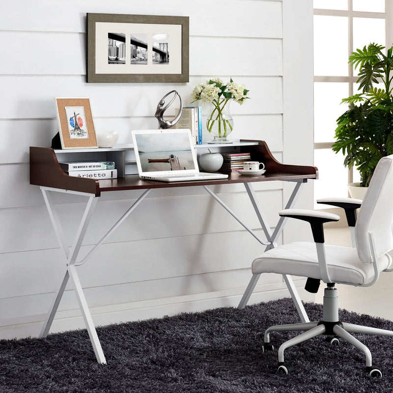 Bin Office Desk with Open Storage & White Metal A-Frame Base - Contemporary Minimalist Wood-Grain Top