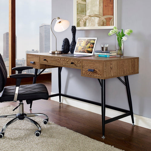 Surplus Office Desk with Three Storage Drawers & Black Steel Legs - Rustic Industrial Walnut Finish