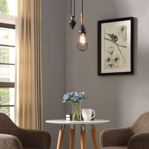 Excavate Ceiling Fixture with Pulley System Design & Steel-Caged Bulb - Industrial Loft Pendant Light