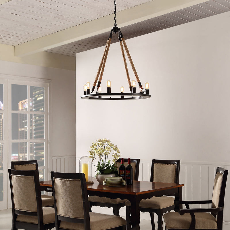 Encircle Chandelier with Rope Cords & Adjustable Steel Chain - Vintage Modern Statement Dining Light in Black