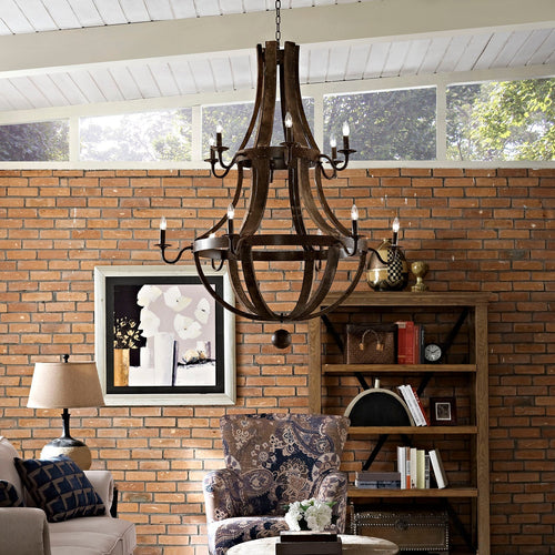 Trebuchet Chandelier with Distressed Solid Hardwood & Steel Frame - Industrial Loft 12-Light Ceiling Fixture