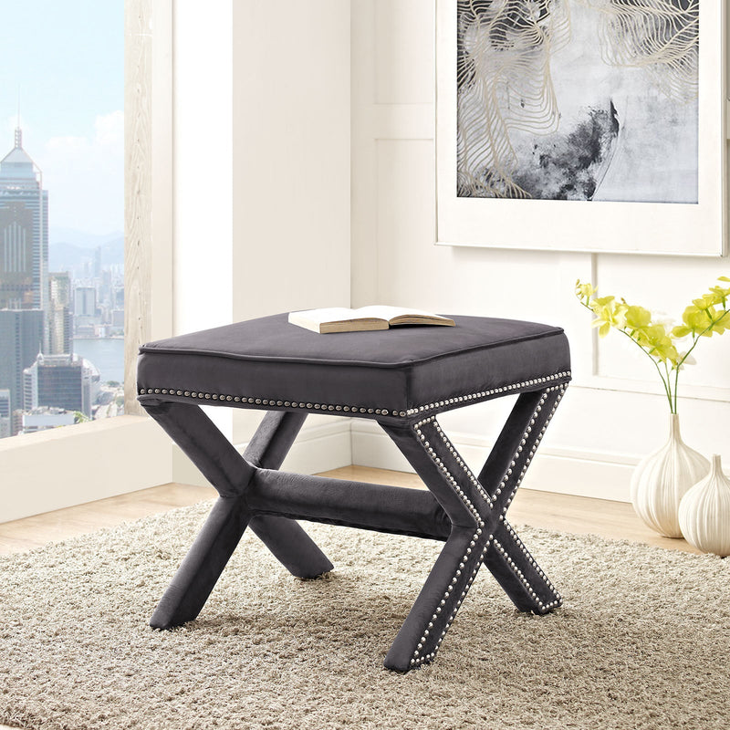 Rivet Bench with Nailhead Trim & X-Base Frame - Chic Modern Stain-Resistant Velvet Upholstered Ottoman in Gray