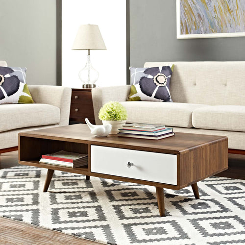 Transmit Coffee Table with Full-Extension White Lacquer Drawer - Mid-Century Modern Walnut & White