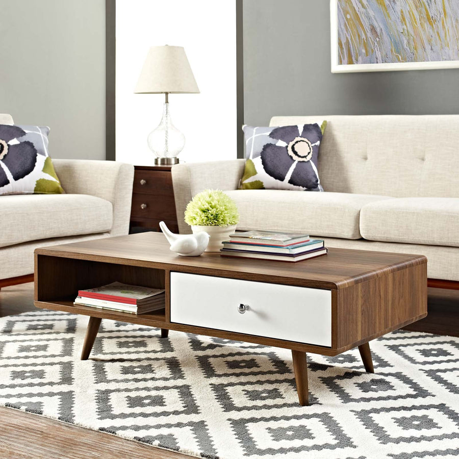 Transmit Coffee Table with Full-Extension White Lacquer Drawer - Mid-Century Modern Walnut & White