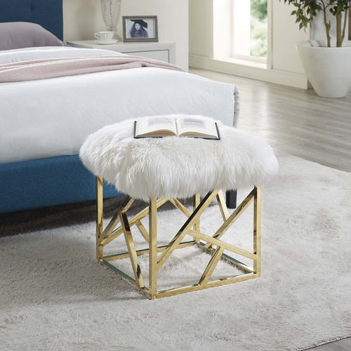Intersperse Sheepskin Ottoman with Polished Gold Stainless Steel Base - Modern Glam in White Sheepskin