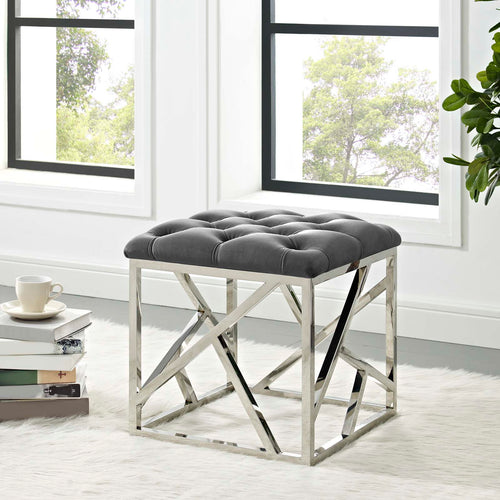 Intersperse Tufted Velvet Ottoman with Polished Stainless Steel Base - Modern Button-Tufted Footstool