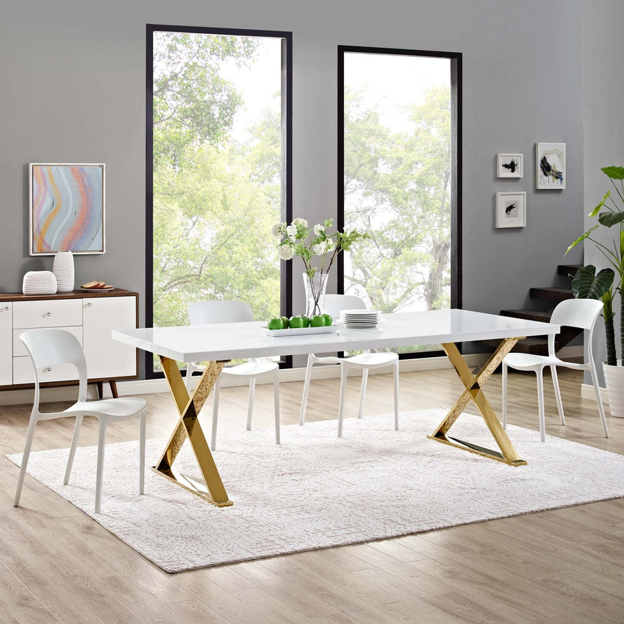 Sector Dining Table with Polished Gold Stainless Steel X-Base - Modern High Gloss White Dining Table