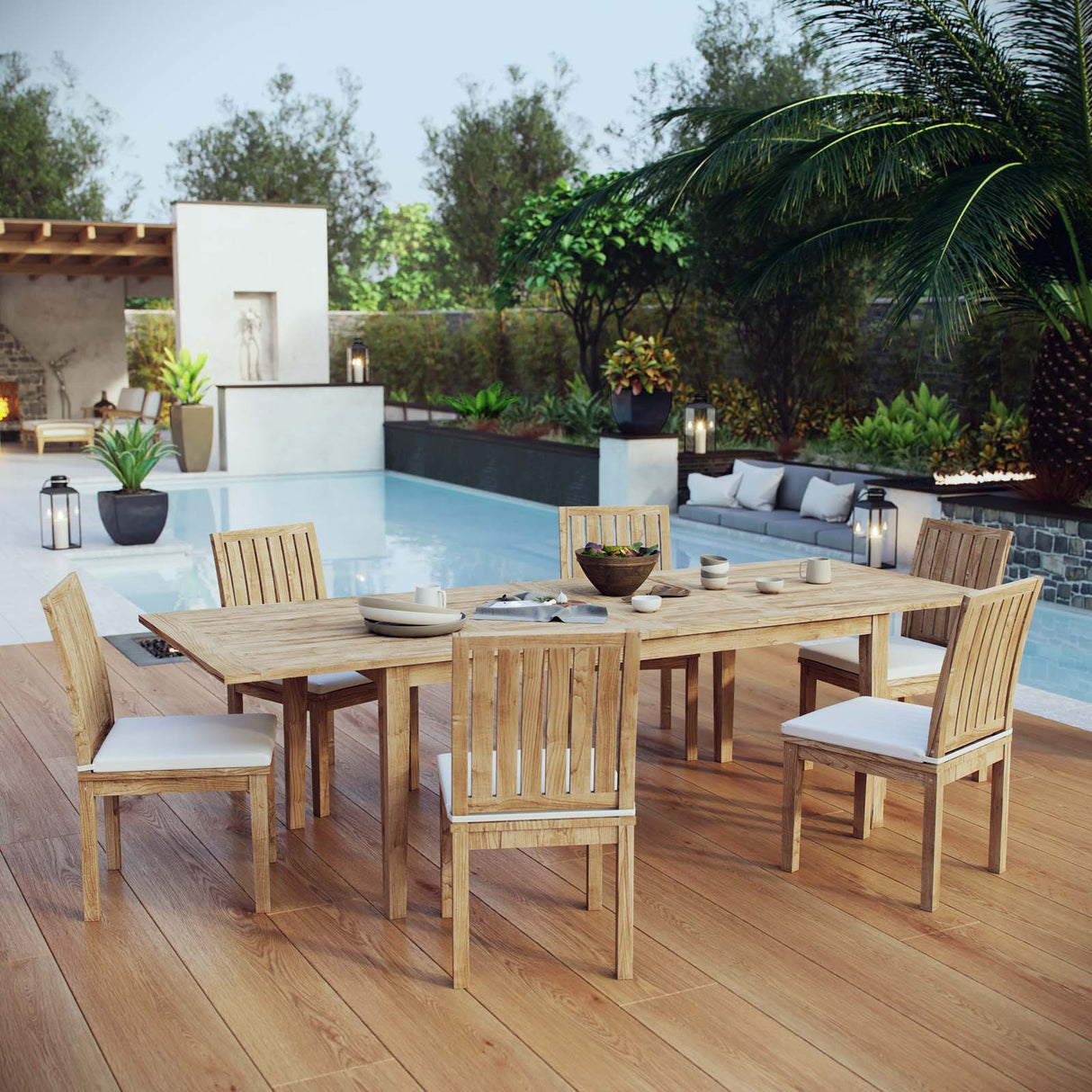 Marina 7 Piece Outdoor Patio Teak Dining Set (Coastal Modern & Weather Resistant)