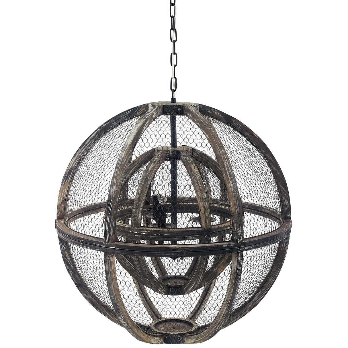 Gravitate Globe Rustic Oak Wood Pendant Light Chandelier - Modern Farmhouse & Entryway Statement
