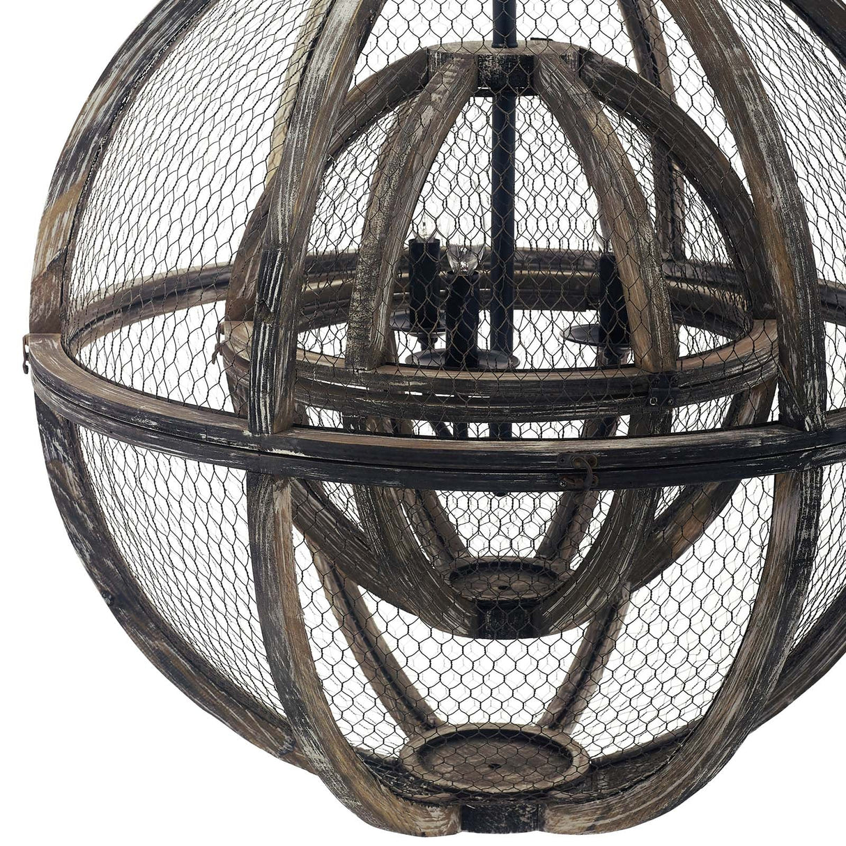 Gravitate Globe Rustic Oak Wood Pendant Light Chandelier - Modern Farmhouse & Entryway Statement
