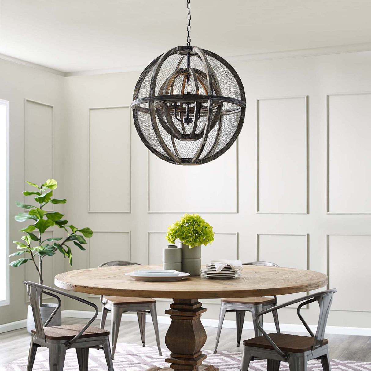 Gravitate Globe Rustic Oak Wood Pendant Light Chandelier - Modern Farmhouse & Entryway Statement