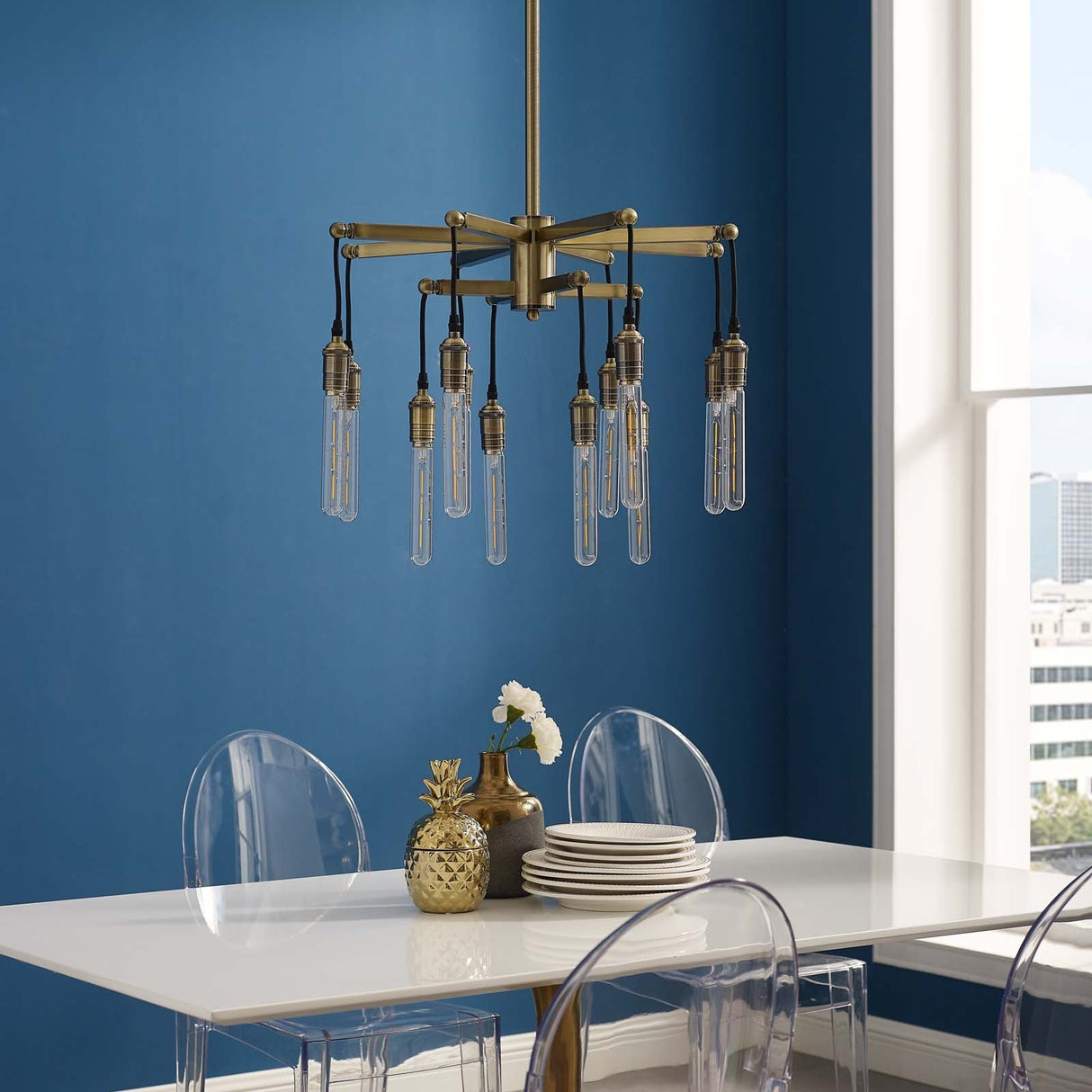 Resolve Antique Brass Ceiling Light Pendant Chandelier - Industrial Luxe & 12-Light Dining Statement