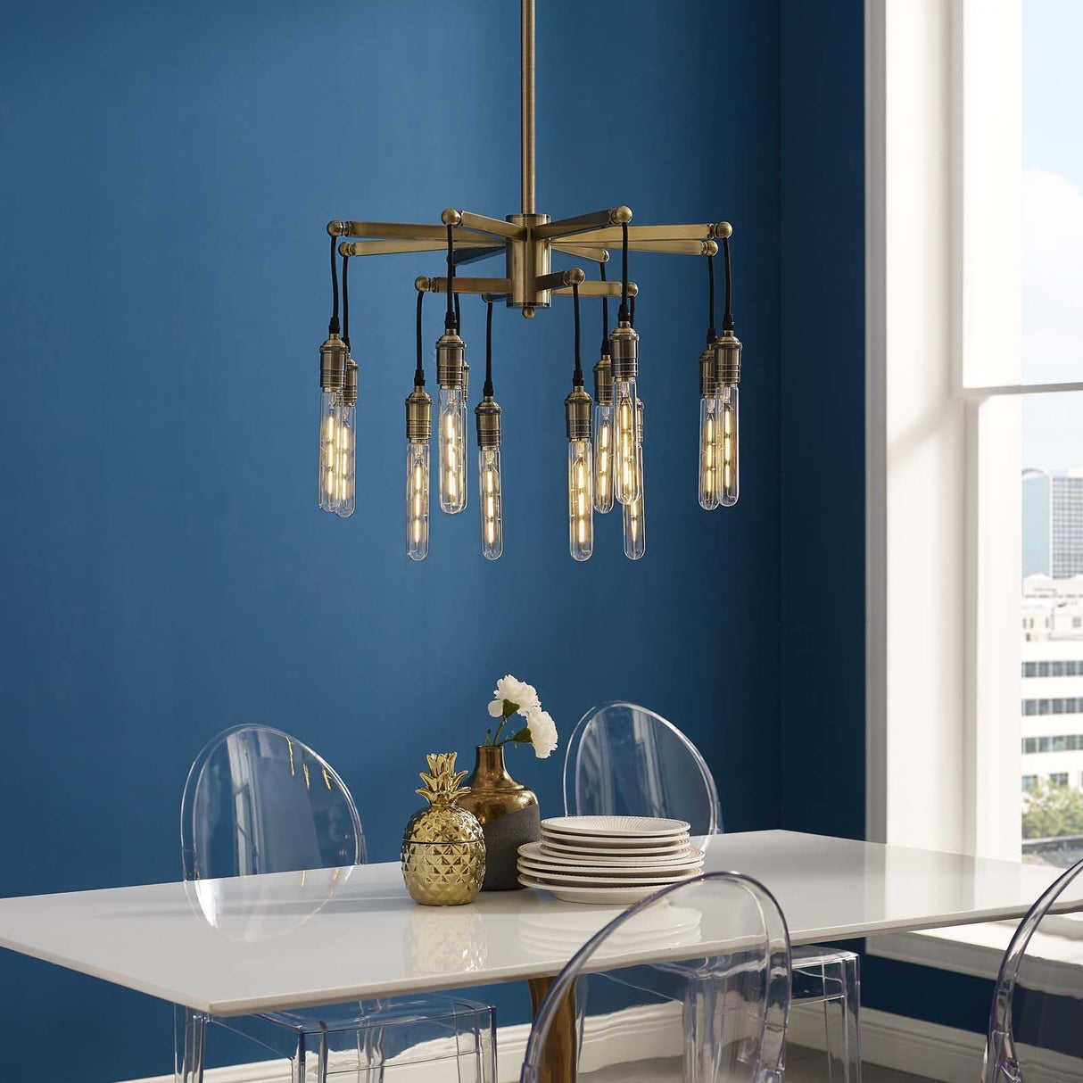 Resolve Antique Brass Ceiling Light Pendant Chandelier - Industrial Luxe & 12-Light Dining Statement
