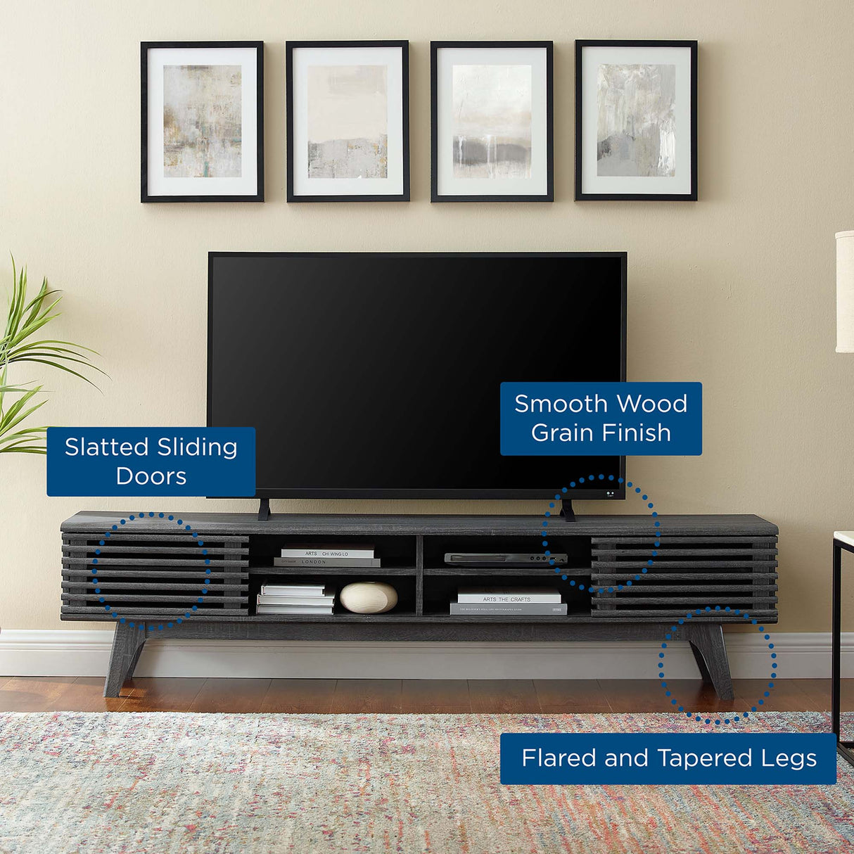 Render 70-Inch Entertainment Center TV Stand - Mid-Century Modern & Slatted Door Storage