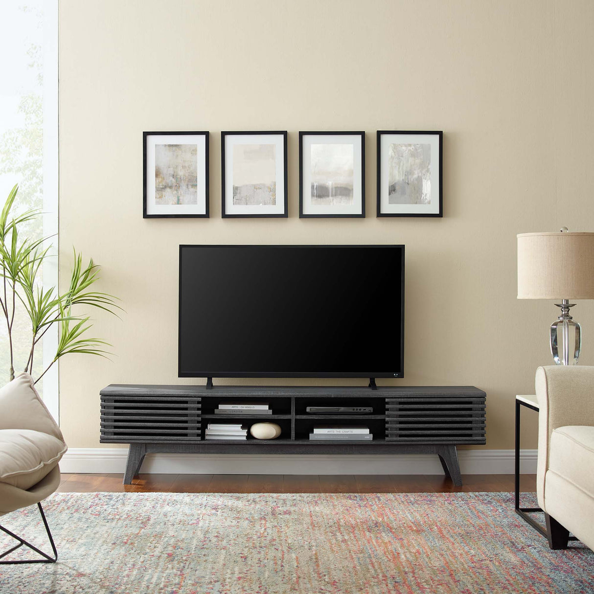 Render 70-Inch Entertainment Center TV Stand - Mid-Century Modern & Slatted Door Storage