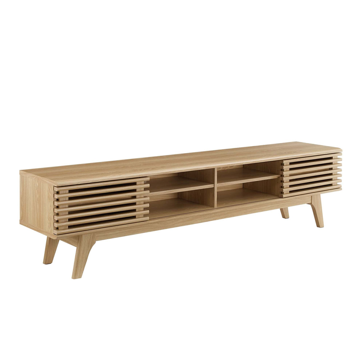 Render 70-Inch Entertainment Center TV Stand - Mid-Century Modern & Slatted Door Storage