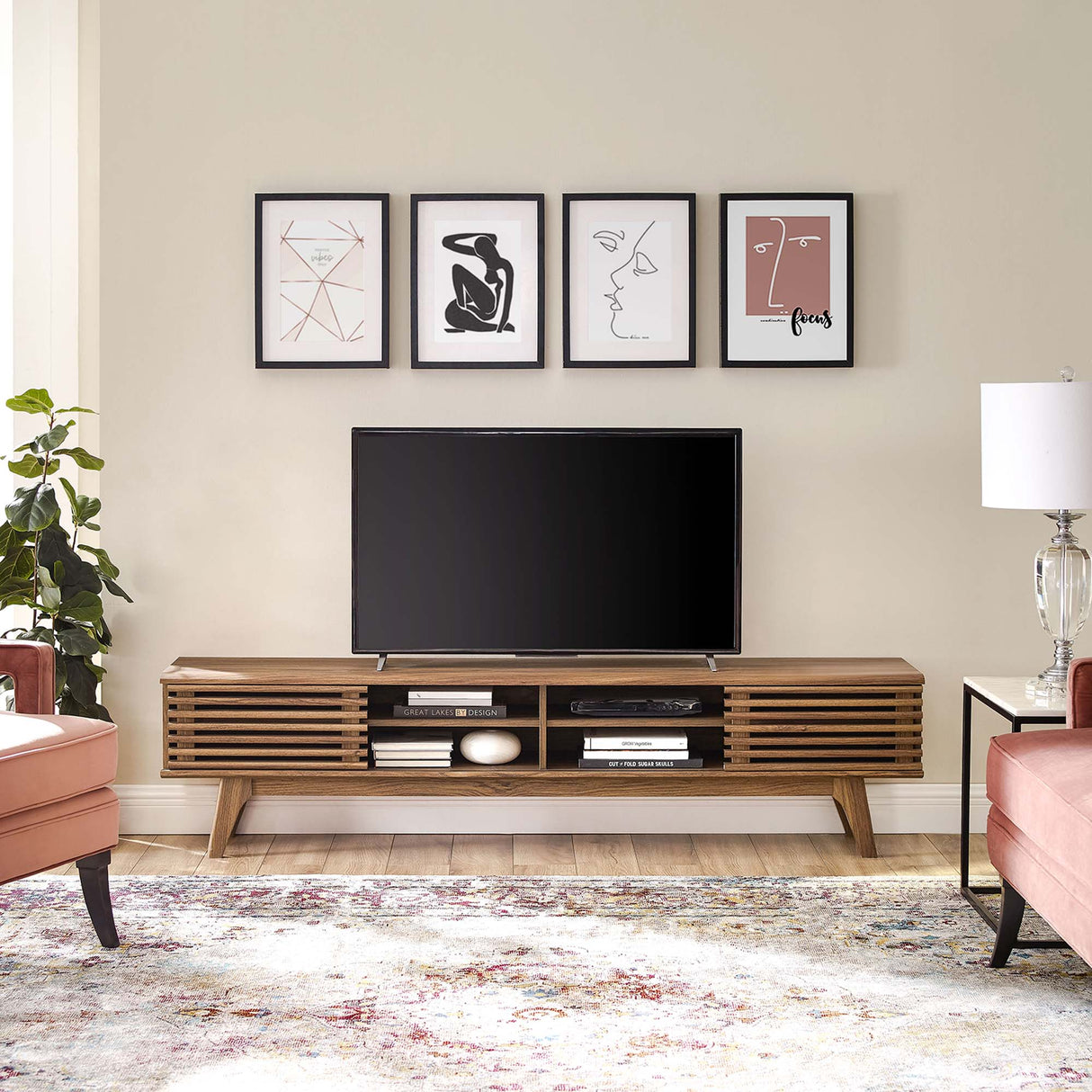 Render 70-Inch Entertainment Center TV Stand - Mid-Century Modern & Slatted Door Storage