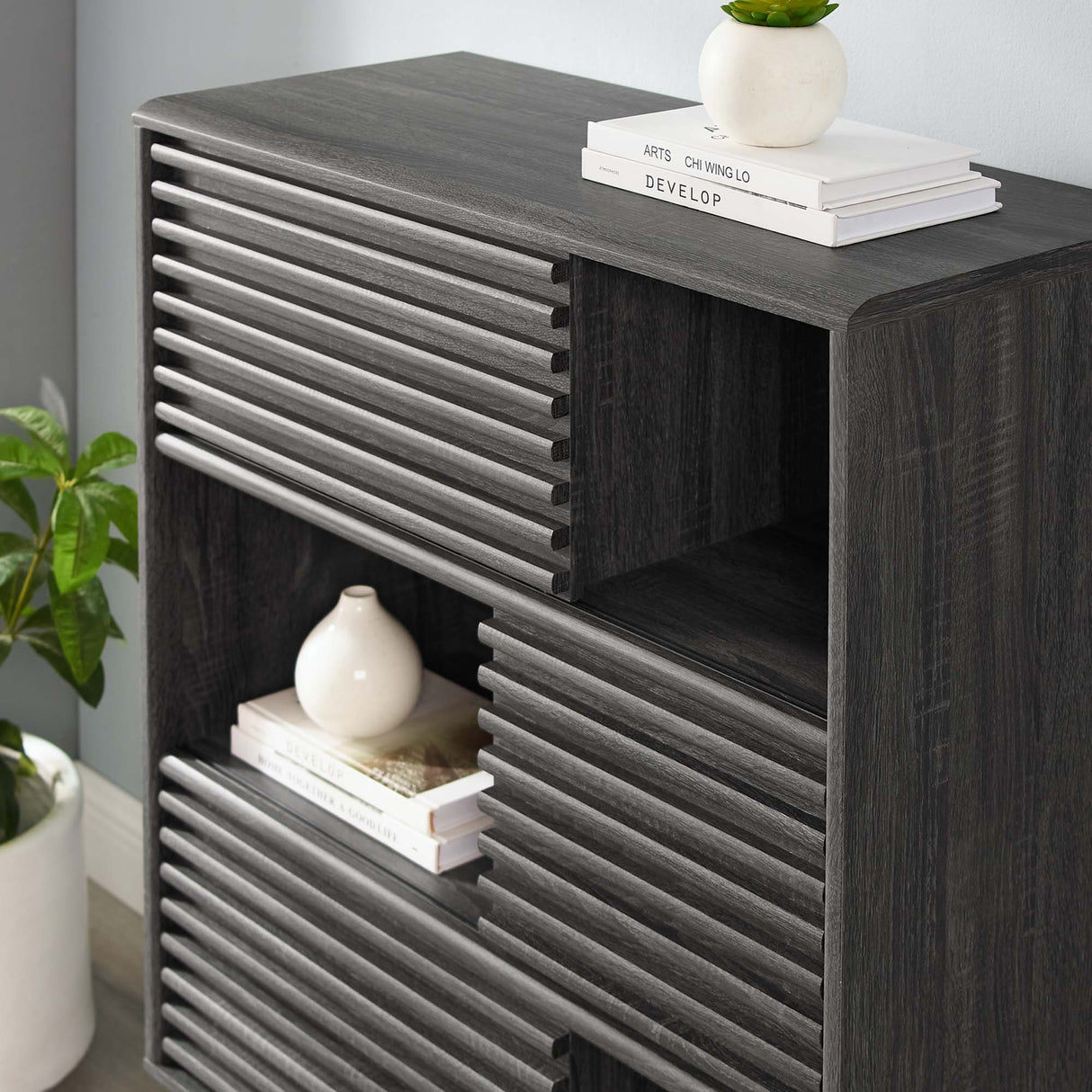 Render Three-Tier Display Storage Cabinet Stand - Mid-Century Modern & Versatile Living Room Storage
