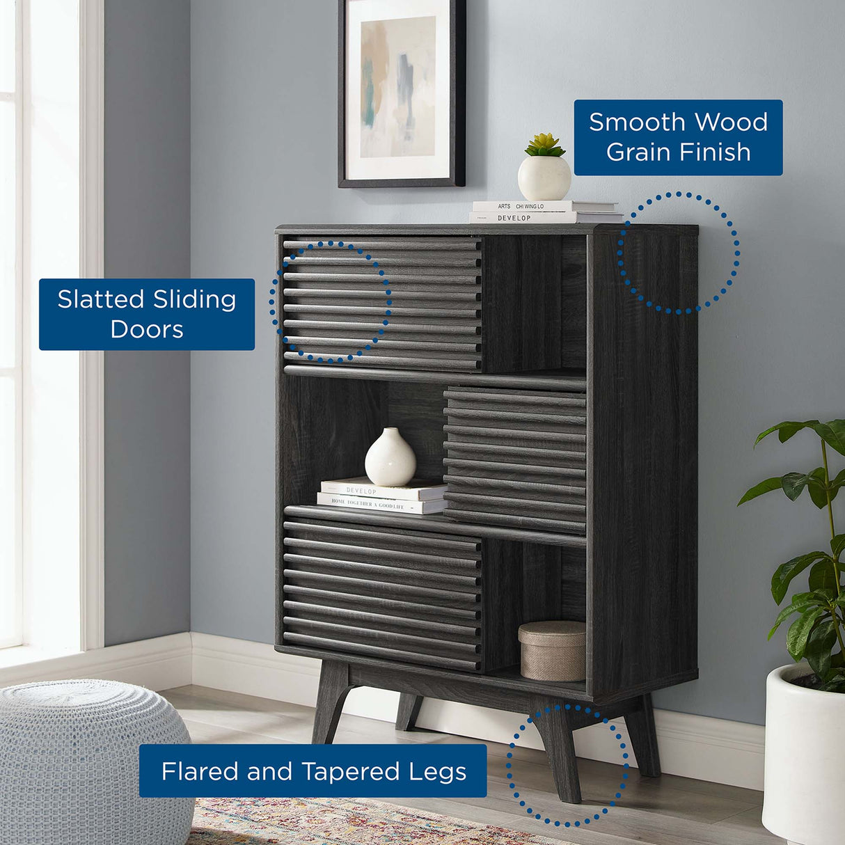 Render Three-Tier Display Storage Cabinet Stand - Mid-Century Modern & Versatile Living Room Storage