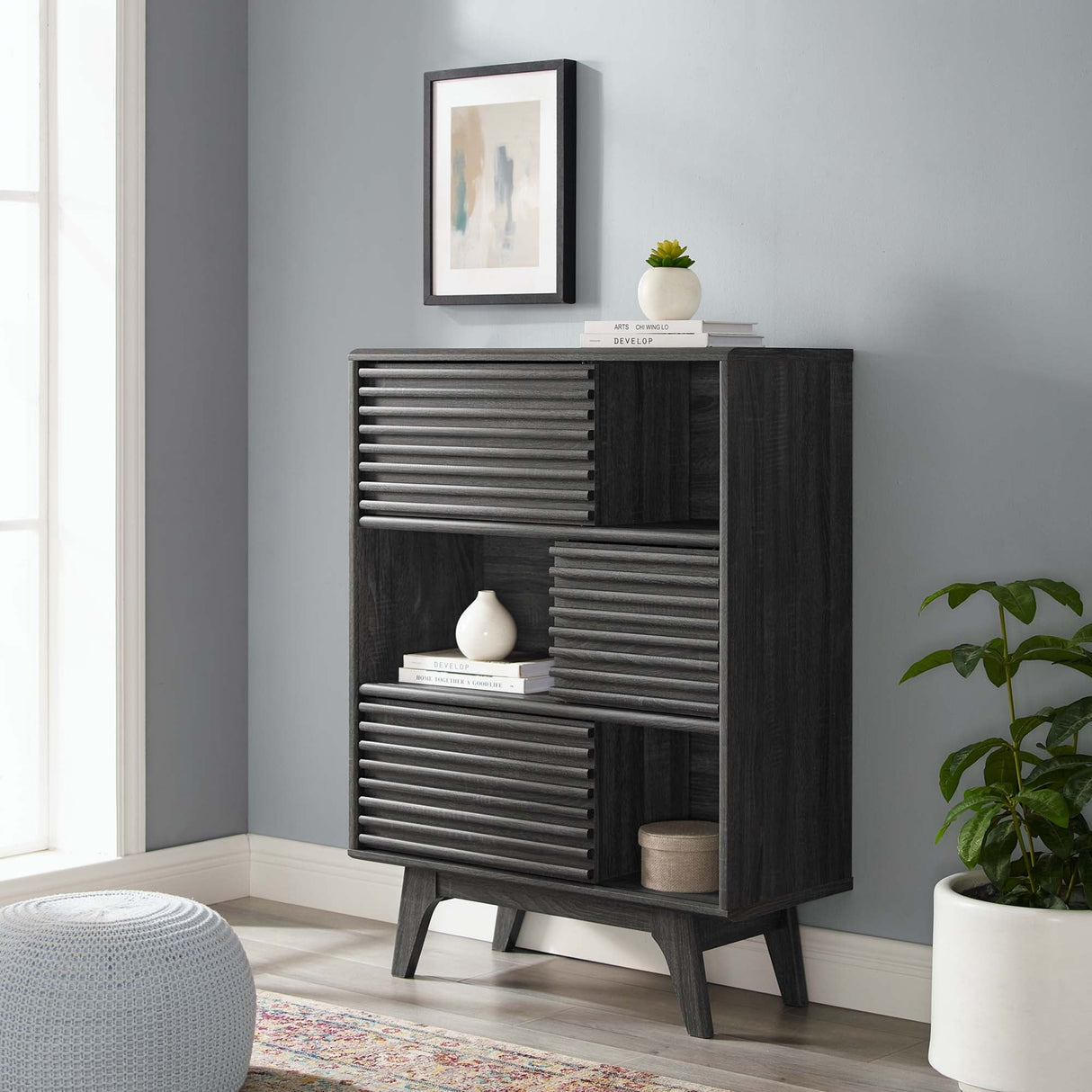 Render Three-Tier Display Storage Cabinet Stand - Mid-Century Modern & Versatile Living Room Storage