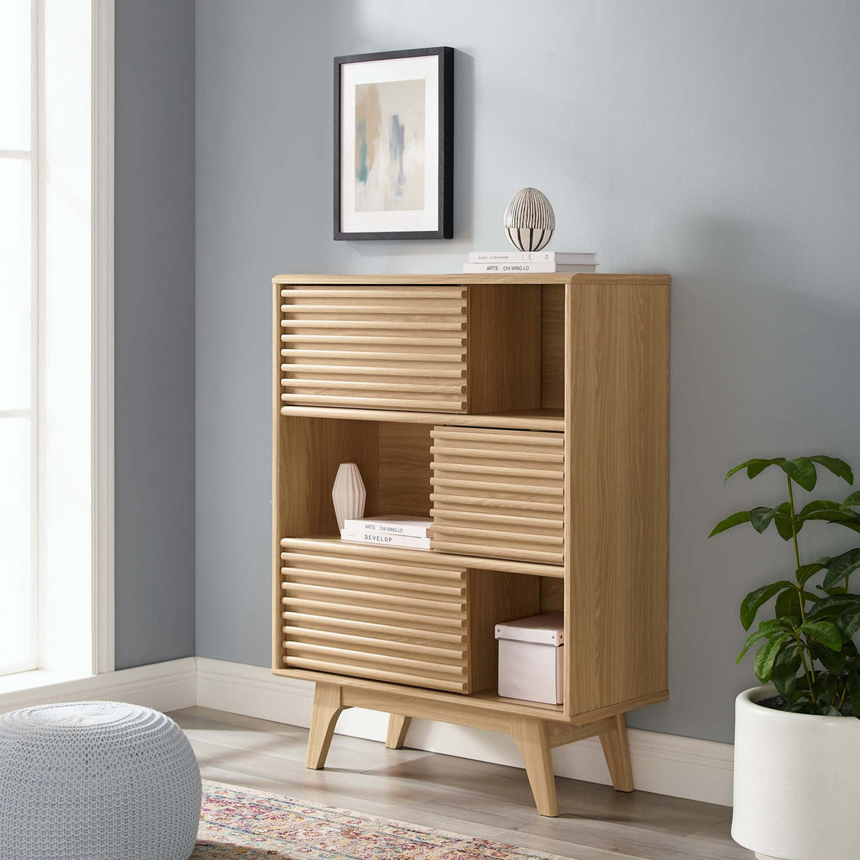 Render Three-Tier Display Storage Cabinet Stand - Mid-Century Modern & Versatile Living Room Storage