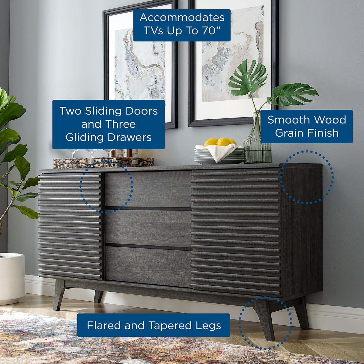 Render 63" Sideboard Buffet Table or TV Stand - Mid-Century Modern & Multi-Functional Storage