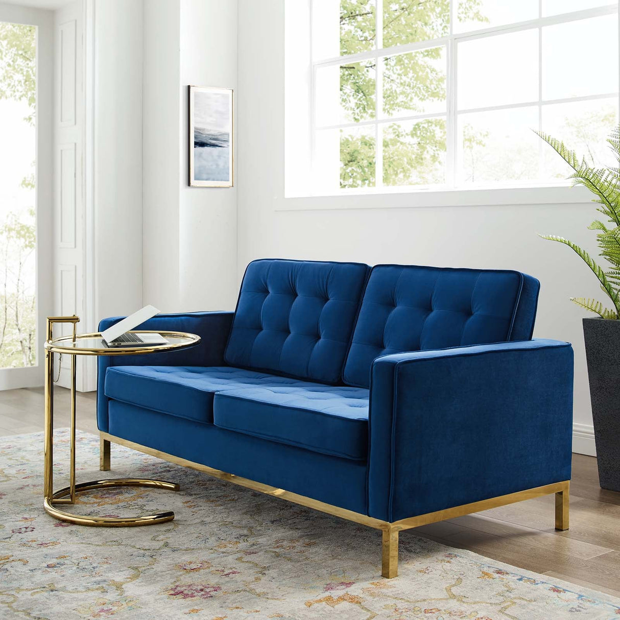 Loft Gold Stainless Steel Leg Performance Velvet Loveseat - Retro-Modern & Stain-Resistant Lounge Seating