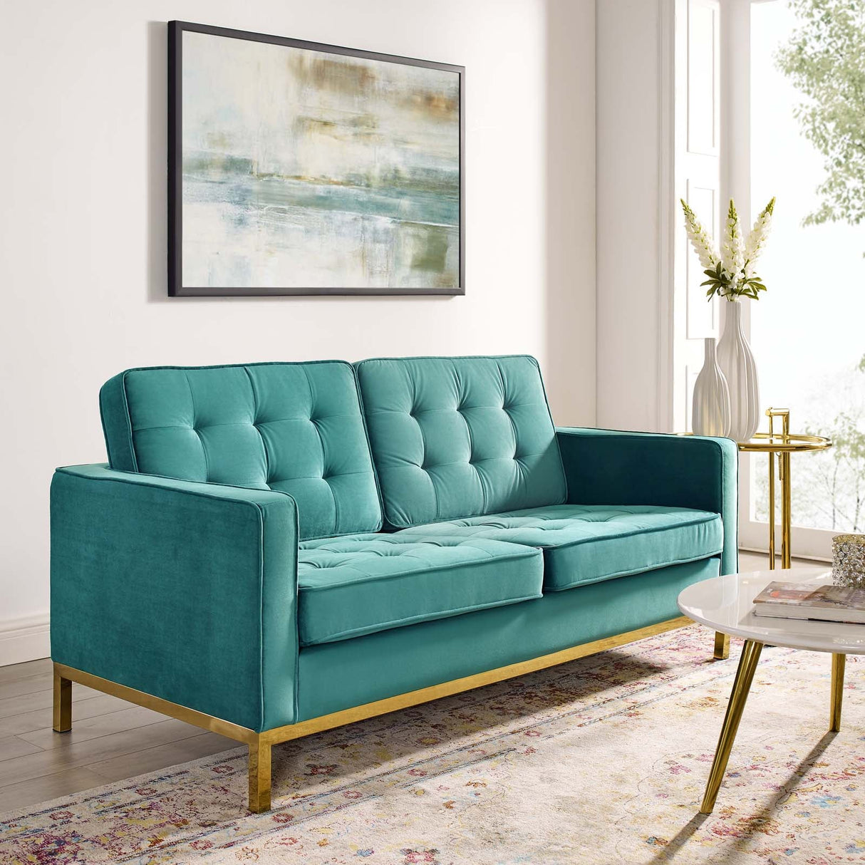 Loft Gold Stainless Steel Leg Performance Velvet Loveseat - Retro-Modern & Stain-Resistant Lounge Seating