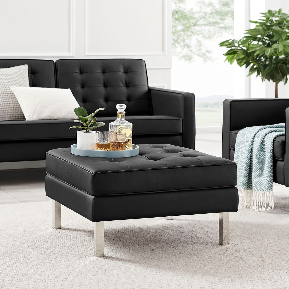 Loft Tufted Vegan Leather Ottoman - Mid-Century Modern & Stainless Steel Base