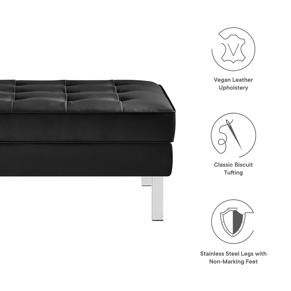 Loft Tufted Vegan Leather Ottoman - Mid-Century Modern & Stainless Steel Base