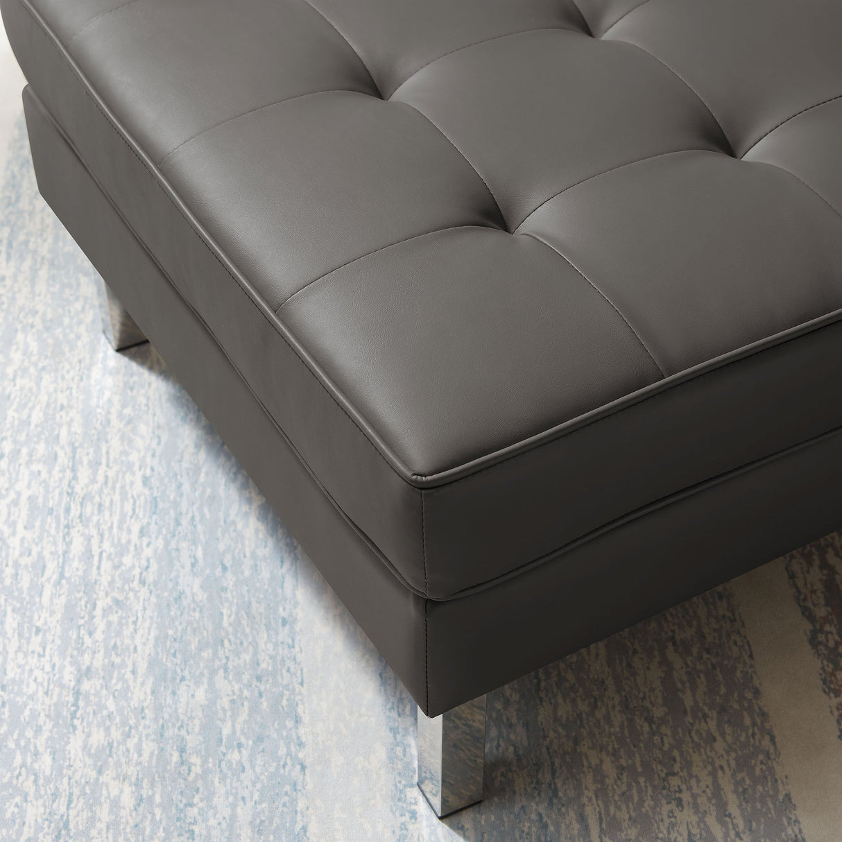 Loft Tufted Vegan Leather Ottoman - Mid-Century Modern & Stainless Steel Base