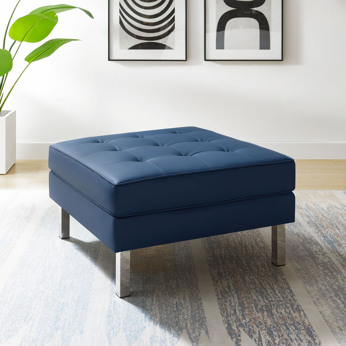 Loft Tufted Vegan Leather Ottoman - Mid-Century Modern & Stainless Steel Base