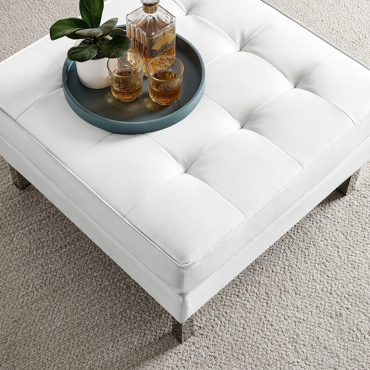 Loft Tufted Vegan Leather Ottoman - Mid-Century Modern & Stainless Steel Base