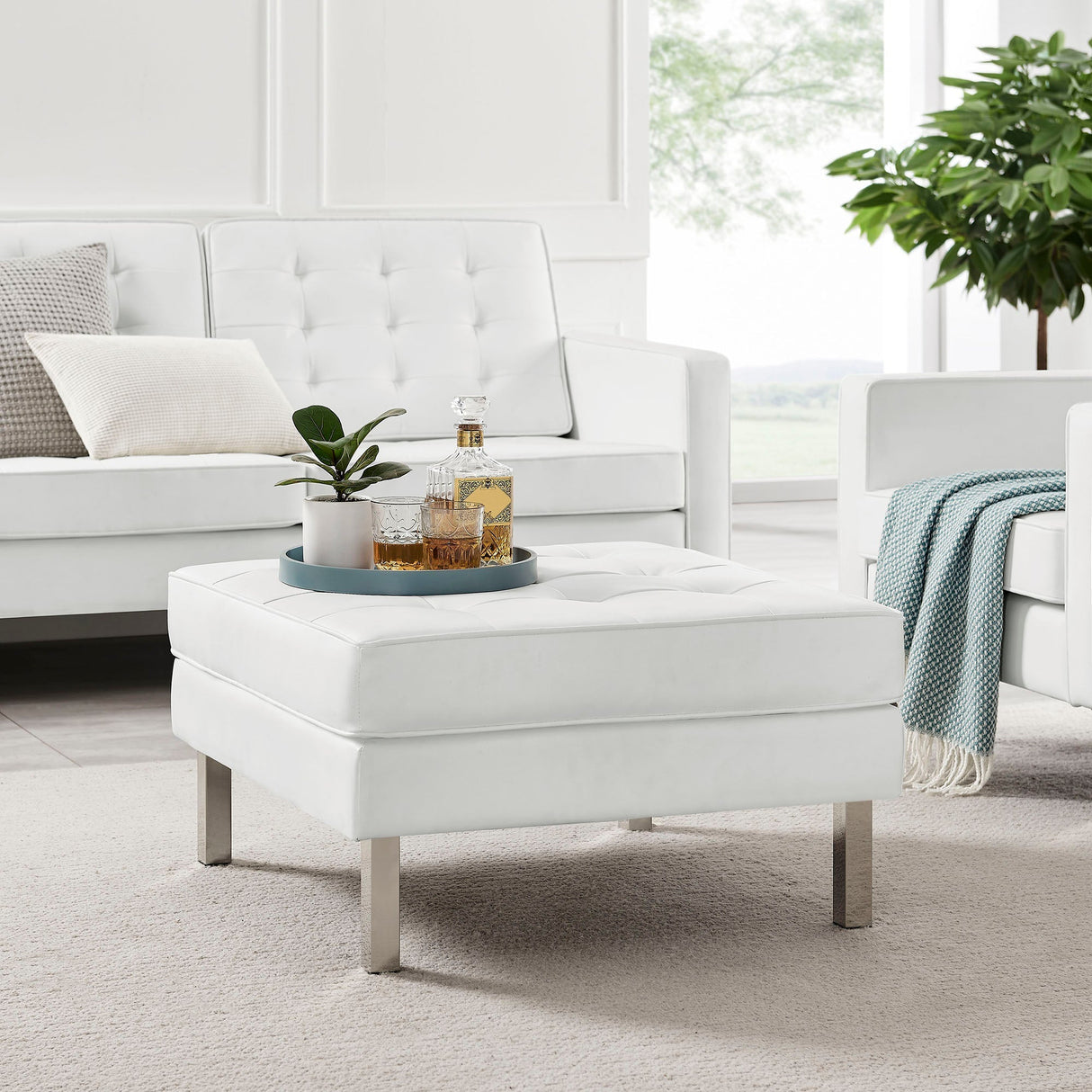 Loft Tufted Vegan Leather Ottoman - Mid-Century Modern & Stainless Steel Base